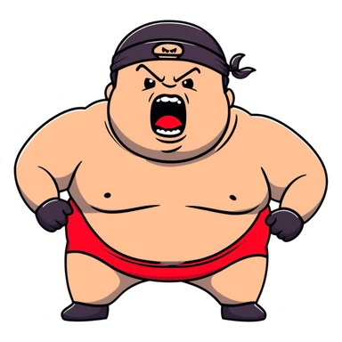 Extreme close-up of face of morbidly obese white skin guy with young face, prominent BLACK DURAG tied clearly on head, black beard but no mustache, clean shaven upper lip, black eyes in a red and black wrestling singlet with mouth wide open screaming angrily sticker