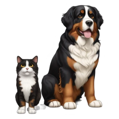 A Bernese dog next to A black and brown tortoiseshell cat with no white fur sticker