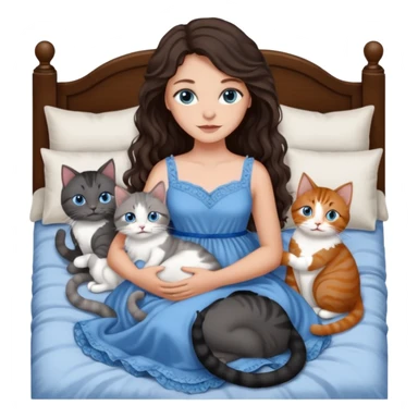 detailed realistic looking a dark grey and white cat regally laying with six other cats, cuddling with their owner in bed who is a pretty bratz lightly tanned white girl with long dark brown hair, blue eyes and gorgeous long wavy hair wearing a pretty detailed dress sticker