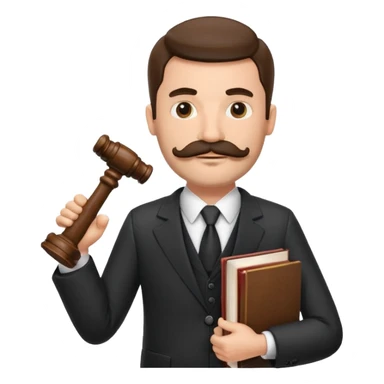 Create a male lawyer. he is wearing a fromal suit jckeret. He is holding a gavel in one hand and a book tucked under his another arm. He has a mustache and BEARD both! sticker