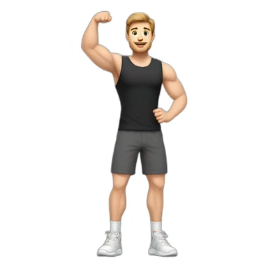 Full height Actively gesturing with hands Pale skinned Fit Man With the biceps and brown hair in dark gray Sleeveless Mike, black oversize sports shorts, watch and white Sneakers sticker