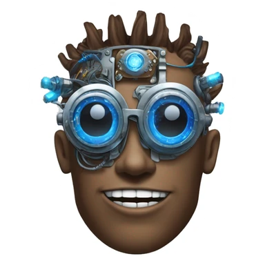 Brown cyborg head with blue Mohawk, blue beard, silver steampunk monocle goggles a smile and circuits sticker
