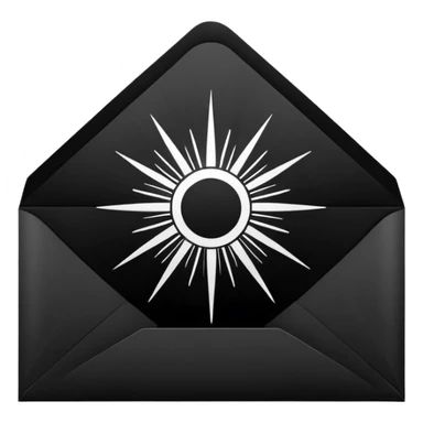 Open envelope, centered, black interior with a bright circular core and radial engraved sunburst rays, pure black ink on pure white, stipple/crosshatch only, razor sharp --style raw --ar 1:1 --no gradient, gray, 3d, glossy, text sticker