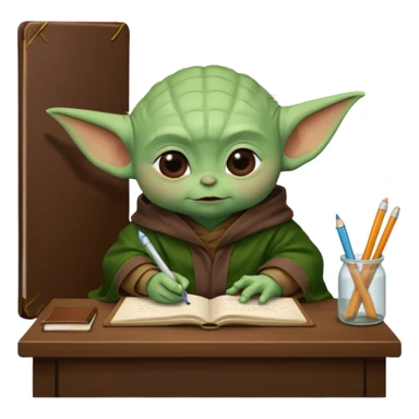 Baby Yoda con su tunica chocolate escribiendo en un cuaderno sobre un escritorio en un aula de clases sticker
