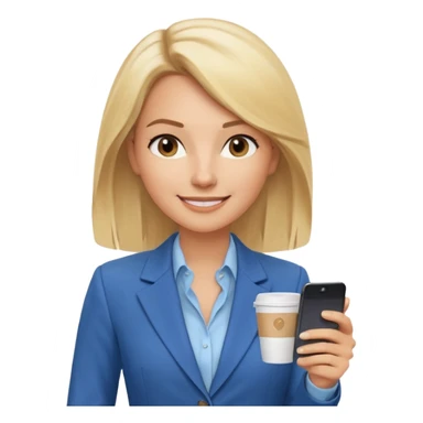 Confident and outgoing female entrepreneur, Caucasian features, shoulder-length blonde hair, big friendly smile, expressive eyes, wearing a blue blazer over a light blue blouse, holding a smartphone in one hand and a coffee cup in the other, waist-up, front-facing sticker
