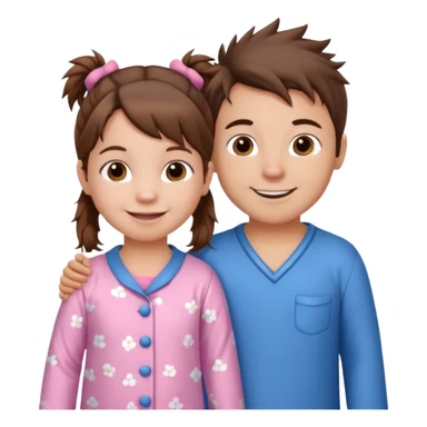 A toddler girl with brown hair with two pig tails, wearing pink pajamas and a bigger 4 year old boy with spikey brown hair, wearing blue pajamas. Both light skin and smiling.  sticker