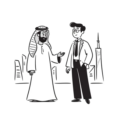 UAE sheikh in traditional clothes standing and talking with a USA businessman in a suit sticker