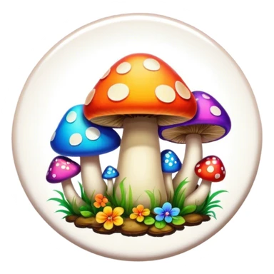 A round psychedelic colored button with bezeled edges and colorful hippie style mushrooms sticker