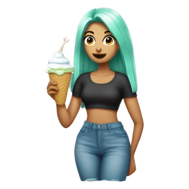 Chica comiendo helado la chica tiene camiseta verde menta y falda azul, leotardos blancos y botas negras sticker
