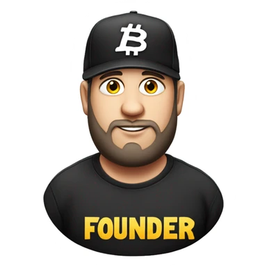 Fat Jewish man in his 30s wearing black trucker hat that says Founder on the hat sticker