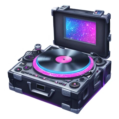 Realistic isolated DJ turntables and console setup with pink,blue,and purple sparkling diamonds and rhinestones on it. sticker