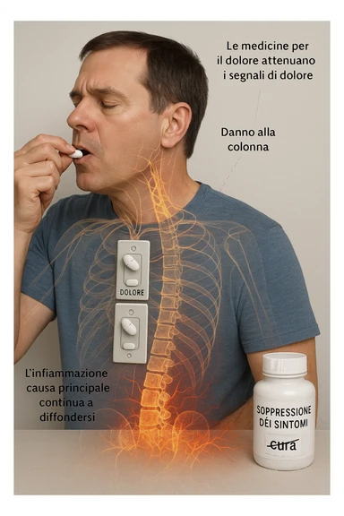Realistica Man taking pain medication for chronic back pain, pills shown as dimmer switches turning down pain signals in transparent nervous system overlay, underlying spinal damage remaining completely untreated and worsening, expression of temporary relief masking progressive deterioration, medication bottle labeled 'symptom suppression' not 'cure', root cause inflammation continuing to spread in italiano sticker