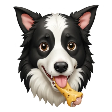A black and white border collie is chewing on a rotten, smelly cow's hoof. sticker