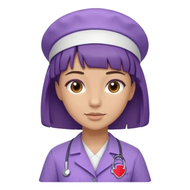 A young female slim nurse with short Brown hair with fringe over her forehead, wearing larvendar purple working cloth sticker