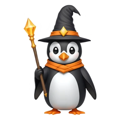 Penguin wearing a wizard hat and robe holding a magic wand sticker