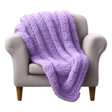 Design an inviting emoji of a chunky knit blanket folded on a comfy chair, with , evoking a cozy home setting.light purple sticker