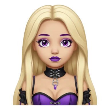 Ai light skin girl , who has straight long length blonde hair with heavy purple streaks , hazel eyes , and doll like makeup , with a septum piercing, in a black corset emoji sticker