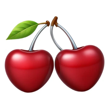A pair of cherries emoji made of polished silver chrome, smooth rounded shapes, glossy metallic finish, soft highlights and reflections, cute proportions, iOS emoji style, centered, clean white background, no text sticker