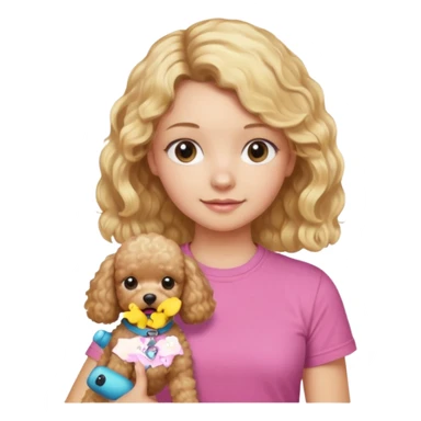 hazme un emoji que sea una niña rubi con el pelo ondulado i una camiseta rosa que ponga brownie, i acariciando a un perro (caniche toy) si pero con el pelo mas largo i no tan rubia sticker
