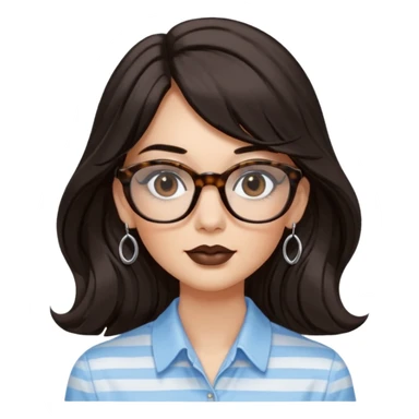 An emoji featuring a woman with very long wavy dark brown hair and a whispy straight bang, wearing thick tortoise square shaped glasses, drop earrings. She has long lashes, black eyeliner and a nude browny glossy lipstick. She's wearing an oversize light blue shirt with white vertical strips.  sticker