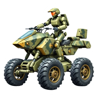 a 4-wheel camouflage army massive mech motorcycle shooting forward enemy mech off-road racing motorcycle  sticker
