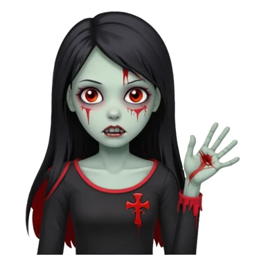 Garota zumbi com cabelo todo preto liso longo e mechas vermelhas na lateral da cabeça dos dois lados, usando uma blusa com um lado da manga caida preta  sticker