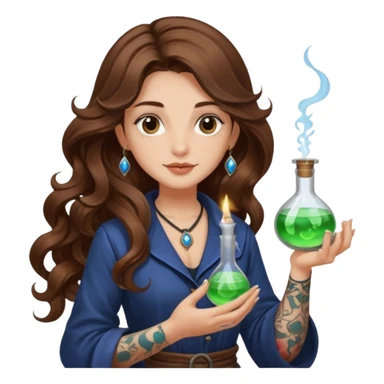moon alchemist woman long wavy brown hair tattoos holding small potion sticker