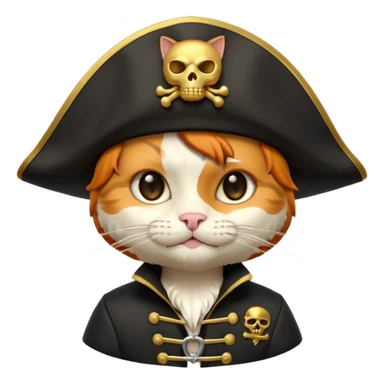 Premium 3D emoji icon of a cute ginger cat pirate, wearing a **pristine white** satin pirate hat with a gold skull icon, and a black and gold captain's jacket. Glossy finish, claymorphism style, soft studio lighting, isolated on white background, 8k resolution, stylized professional look --v 6.0 sticker