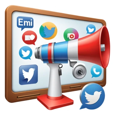An icon featuring a megaphone, a billboard, and social media icons, symbolizing advertising and public relations. The design includes a press release and a rising graph, representing brand promotion and communication strategies. Transparent background highlights media influence and outreach. sticker