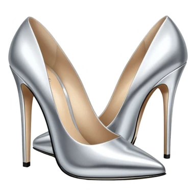 A pair of high heel shoes emoji made of polished silver chrome, elegant sharp silhouette, smooth metallic surface, glossy reflections, luxury sexy vibe, minimalistic iOS emoji style, centered, clean white background sticker