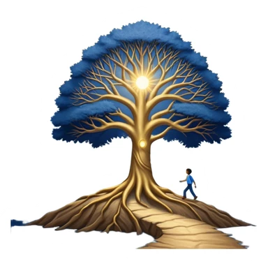 A deep blue-to-golden sunrise book with a textured, aged cover, featuring a lone figure on a path, a ray of light, or a tree with deep roots, radiating hope, purpose, and the power of finding meaning in adversity. sticker