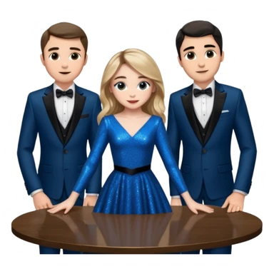Sabrina carpenter in a blue sparkly dress at a table with 3 handsome men, and she is standing up reaching over  sticker