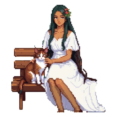 beautiful girl with long black hair in a white dress holding an Abyssinian cat with reddish-brown fur, sitting on a bench sticker