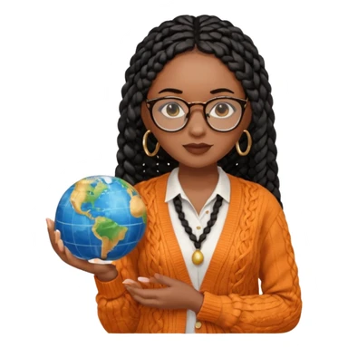 a young woman wearing fine gold round glasses and black hair in several box braids, she has light black skin, and she's wearing a white shirt with an orange-terracotta cardigan on top. She's holding a globe in one hand sticker