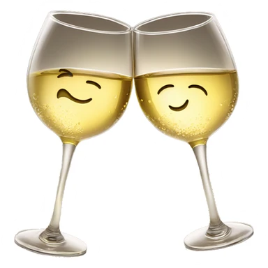 Two wine glasses filled with white wine clinking together in a toast, with soft sunlight highlighting the golden liquid and droplets of condensation on the glass sticker