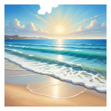 A beautiful  shoreless seascape with waves in warm tones under a bright sun, with the azure sea occupying the foreground. The sunlight reflects off the water, creating a vibrant, peaceful atmosphere. The background features a stunning sky with soft clouds and a distant horizon. sticker