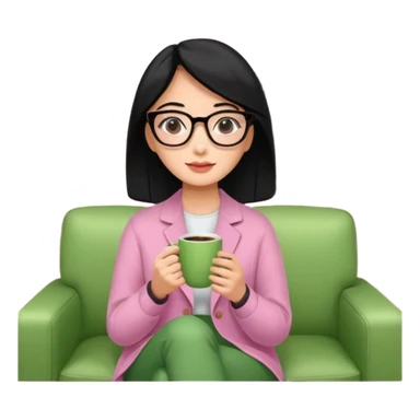 Chica de pelo negro ojos negros y piel morena con lentes oversize square GAFAS DE LEER BIEN GRANDES , ropa de color verde , sentada en una sala de casa , en la mano derecha una taza de cafe en color rosa con una flor negra de diseno. Sentada mirando un drama koreano en la television.  sticker