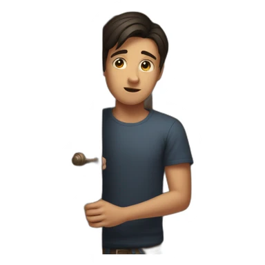 young dark-haired man struggling to close a wooden door sticker