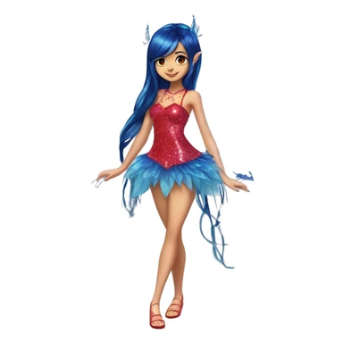 Musa asian adult fairy of music in her enchantix fairy red sparkling two-piece clothing and fairy enchantix wings and long dark blue hair in pigtails from winx club. Lots of sparkles and fairydust. Full body pic and full fairy bliss sticker