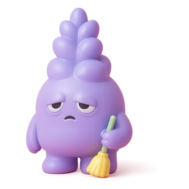 chubby lavender-colored lavender flower character with droopy eyes and a tired face, holding a tiny broom, vinyl figure style sticker