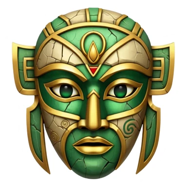ancient mask, cracked and weathered, gold and green sticker
