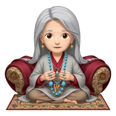 An old woman sits on a Persian rug with a rosary, a large ring, a long hair, but she is beautiful and modern, wearing a robe, and looks at the camera with amazement. sticker