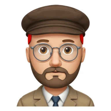 40's white male, bald with short full beard (salt and pepper color brown) with professor glasses and flat cap sticker