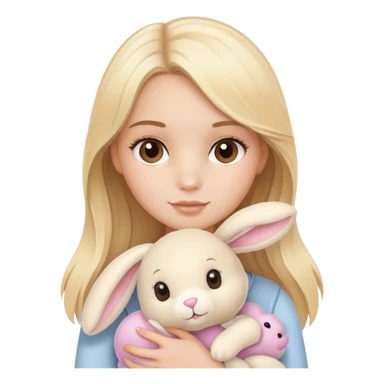 pretty blonde model with brown eyes holding a jellycat bunny stuffed animal sticker