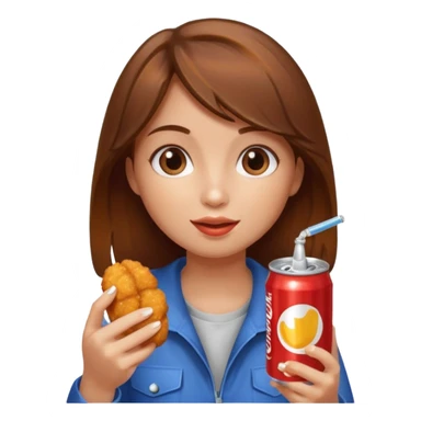 brown hair girl eating chicken nugget and holding a soda can sticker