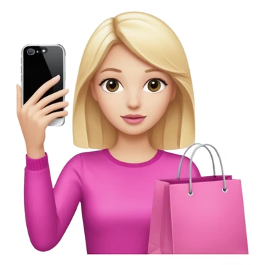 Blond influencer taking selfie with an iphone with one hand and a pink shopping bag next to her  sticker
