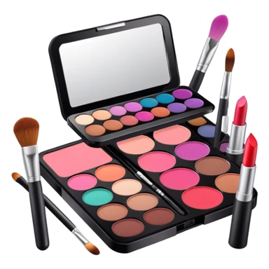 A photorealistic icon featuring makeup brushes, lipstick, eyeshadow palette, and a compact mirror with a completed makeup look. Bright, detailed design with realistic textures and lighting. Transparent background, clearly symbolizing makeup and beauty. sticker