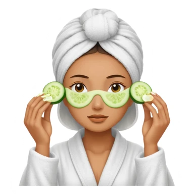 woman at the spa with cucumbers slices covering her eyes and tan skin tone with towel completely covering hair and robe on sticker