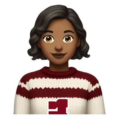 Girl with dark brown hair and warm toned white skin wearing a crimson and white sweater with the black crimson and white Harvard University logo on it  sticker