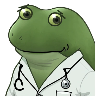 bufo frog in a white medical coat, sad eyes, facing forward sticker
